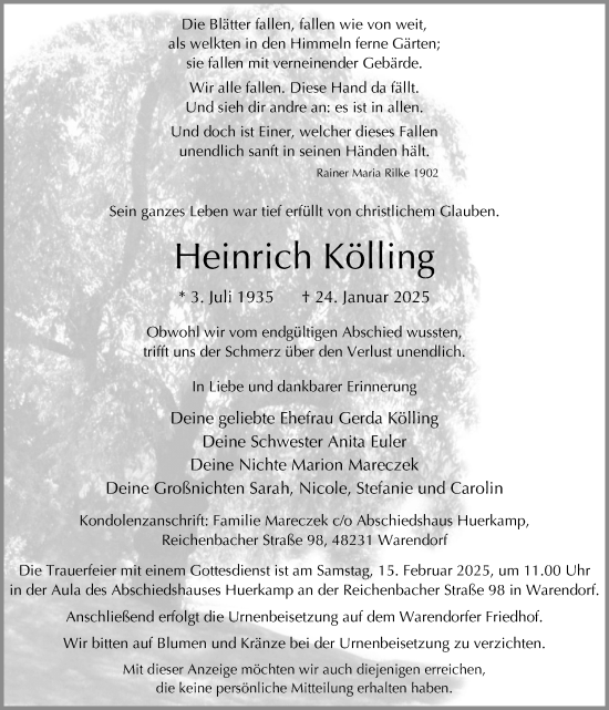 Traueranzeige von Heinrich Kölling von Neue Osnabrücker Zeitung GmbH & Co. KG