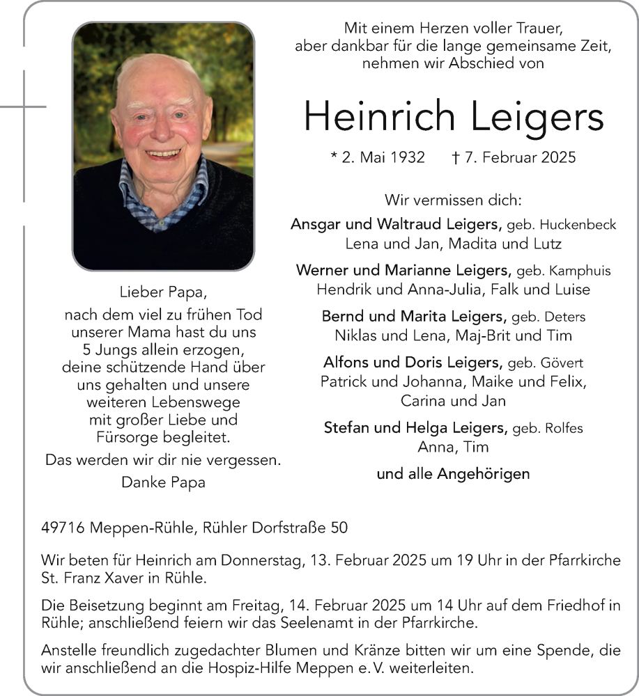  Traueranzeige für Heinrich Leigers vom 11.02.2025 aus Neue Osnabrücker Zeitung GmbH & Co. KG
