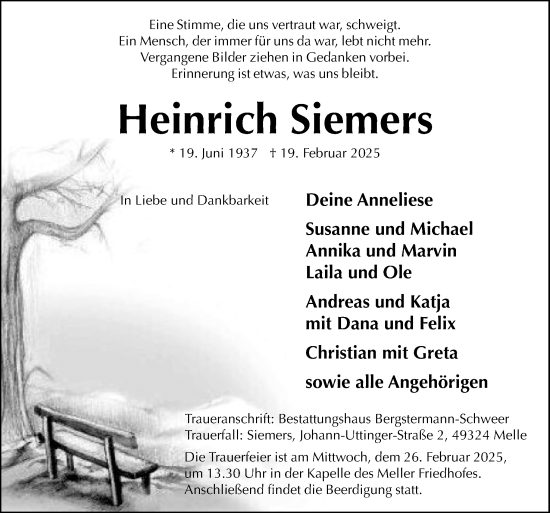 Traueranzeige von Heinrich Siemers von Neue Osnabrücker Zeitung GmbH & Co. KG