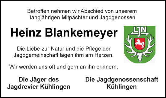 Traueranzeige von Heinz Blankemeyer von DK Medien GmbH & Co. KG
