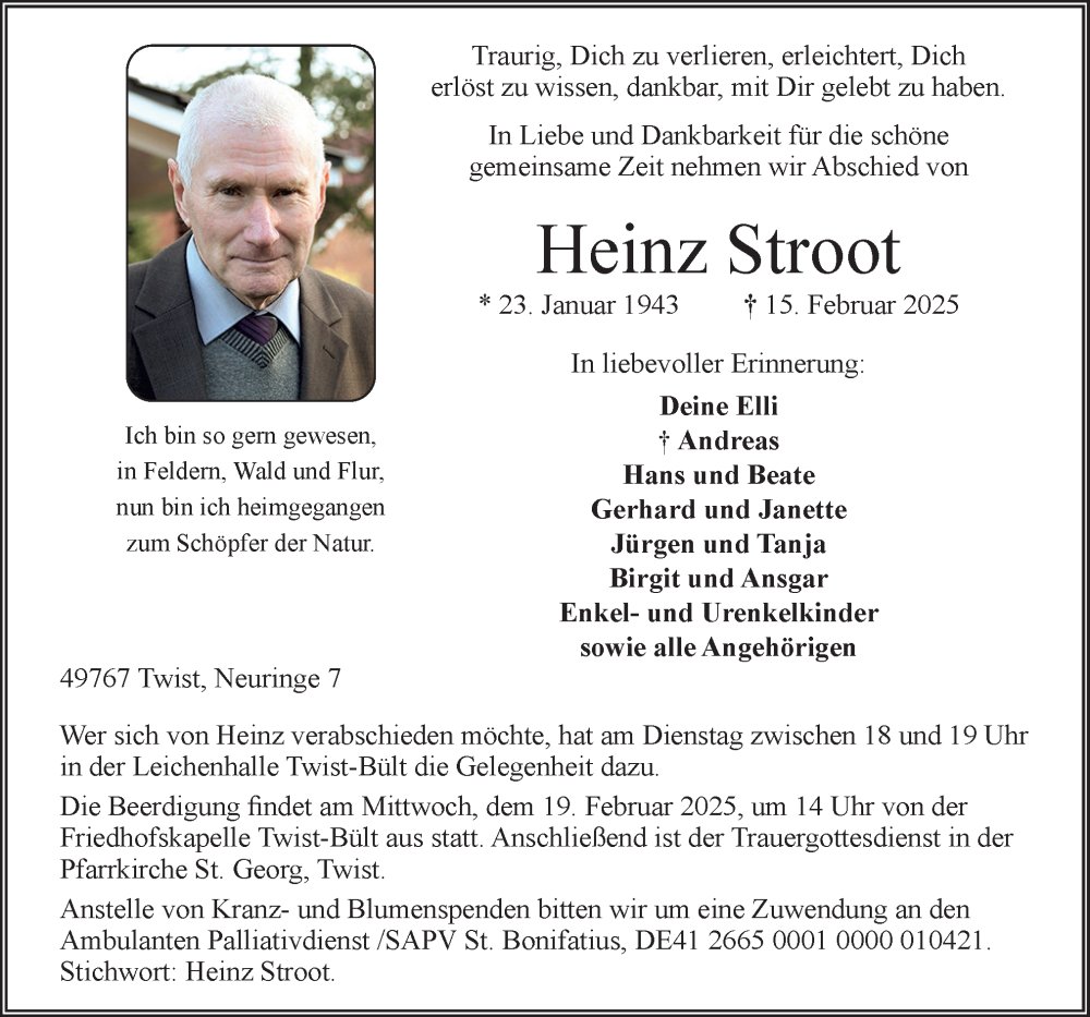  Traueranzeige für Heinz Stroot vom 17.02.2025 aus Neue Osnabrücker Zeitung GmbH & Co. KG