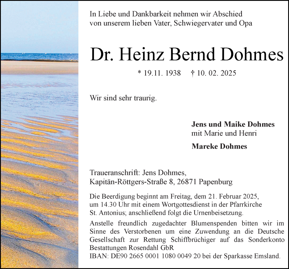  Traueranzeige für Heinz Bernd Dohmes vom 15.02.2025 aus Neue Osnabrücker Zeitung GmbH & Co. KG