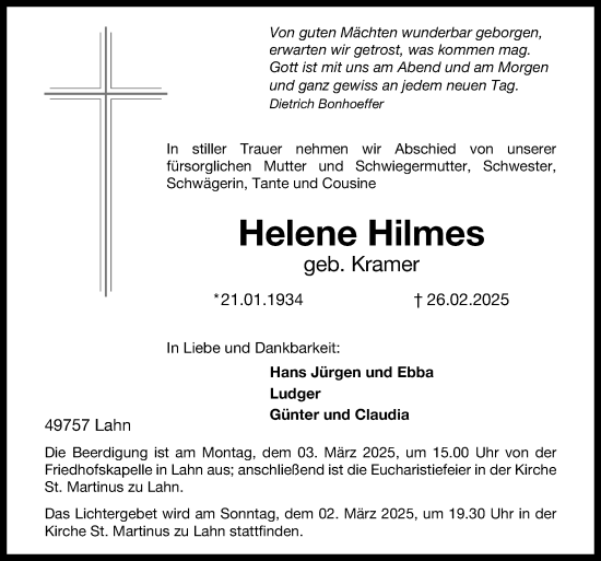 Traueranzeige von Helene Hilmes von Neue Osnabrücker Zeitung GmbH & Co. KG