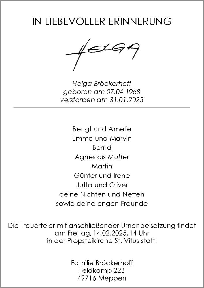  Traueranzeige für Helga Bröckerhoff vom 08.02.2025 aus Neue Osnabrücker Zeitung GmbH & Co. KG