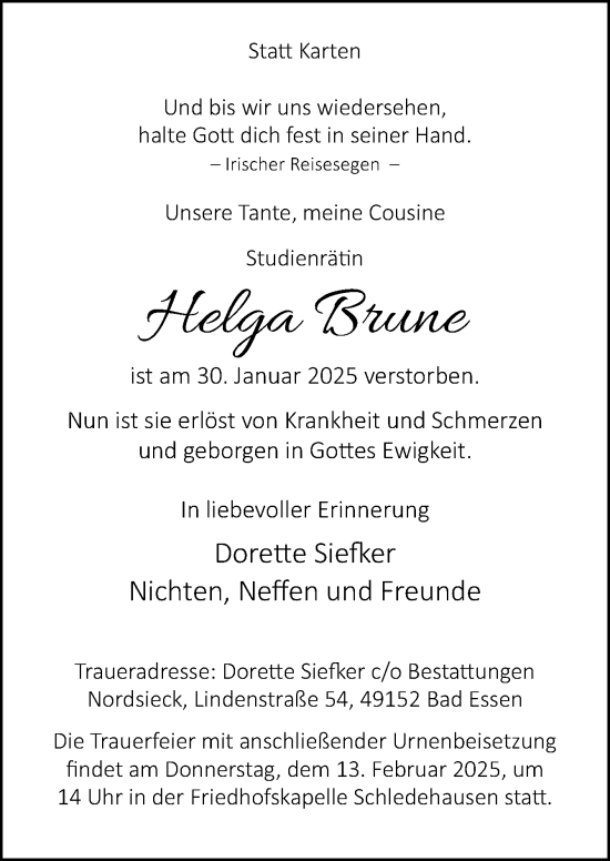 Traueranzeige von Helga Brune von Neue Osnabrücker Zeitung GmbH & Co. KG