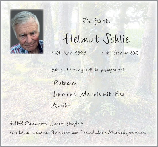 Traueranzeige von Helmut Schlie von Neue Osnabrücker Zeitung GmbH & Co. KG