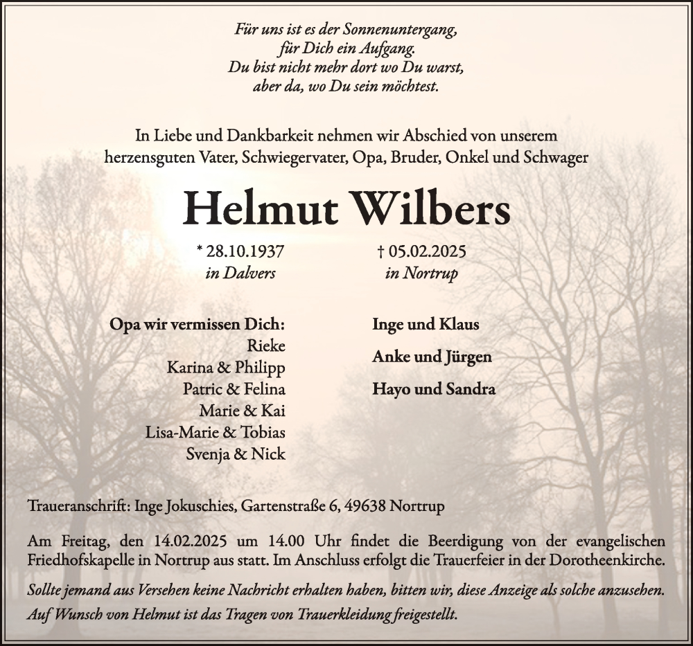  Traueranzeige für Helmut Wilbers vom 10.02.2025 aus Neue Osnabrücker Zeitung GmbH & Co. KG