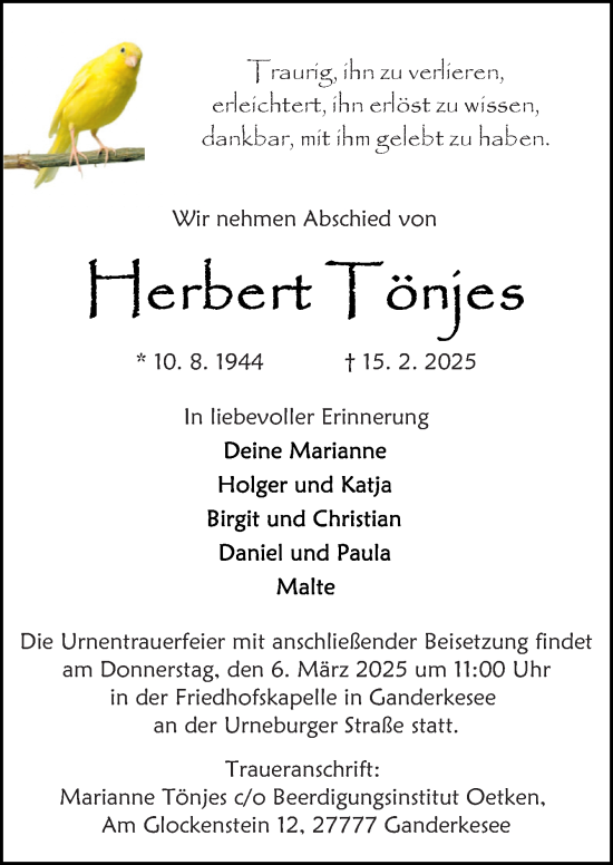 Traueranzeige von Herbert Tönjes von DK Medien GmbH & Co. KG