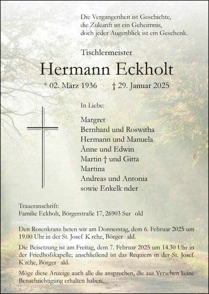  Traueranzeige für Hermann Eckholt vom 01.02.2025 aus Neue Osnabrücker Zeitung GmbH & Co. KG