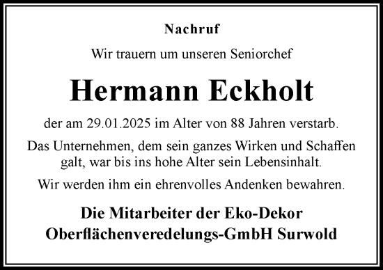 Traueranzeige von Hermann Eckholt von Neue Osnabrücker Zeitung GmbH & Co. KG