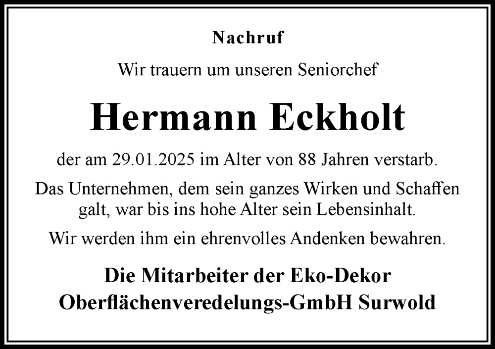  Traueranzeige für Hermann Eckholt vom 04.02.2025 aus Neue Osnabrücker Zeitung GmbH & Co. KG