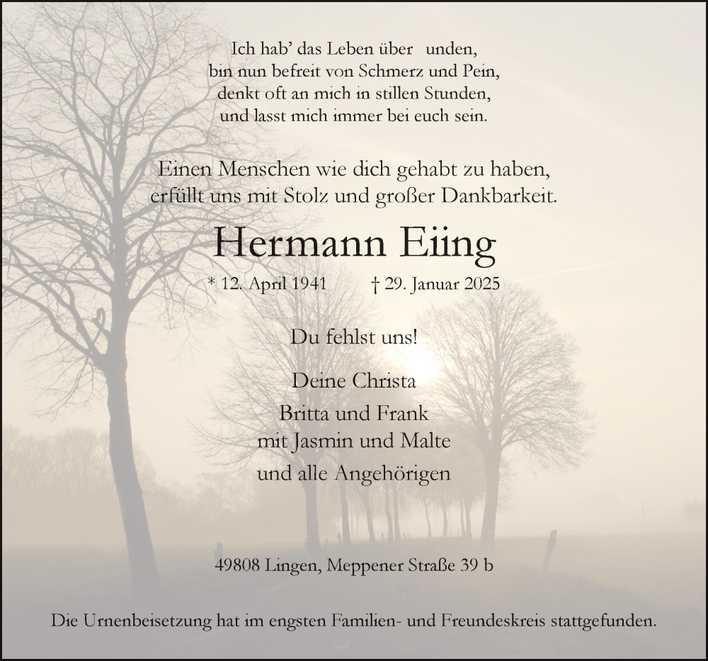  Traueranzeige für Hermann Eiing vom 15.02.2025 aus Neue Osnabrücker Zeitung GmbH & Co. KG