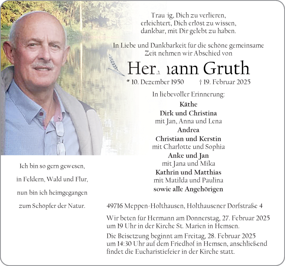  Traueranzeige für Hermann Gruth vom 22.02.2025 aus Neue Osnabrücker Zeitung GmbH & Co. KG