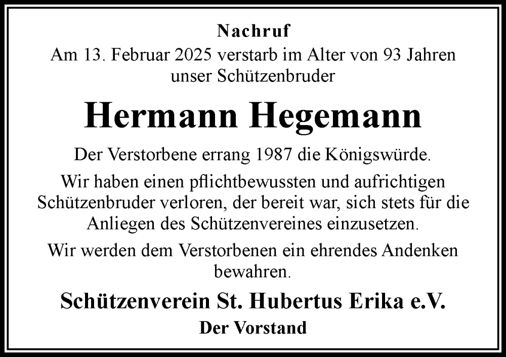  Traueranzeige für Hermann Hegemann vom 19.02.2025 aus Neue Osnabrücker Zeitung GmbH & Co. KG