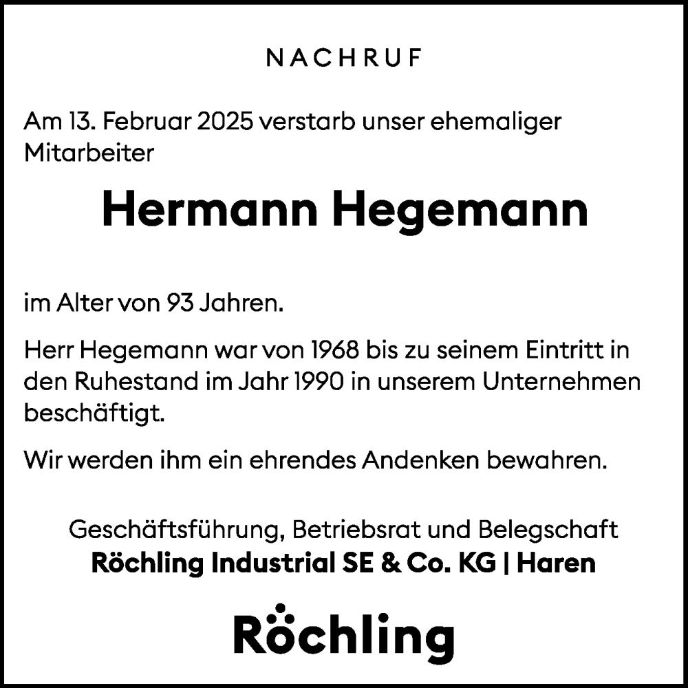  Traueranzeige für Hermann Hegemann vom 19.02.2025 aus Neue Osnabrücker Zeitung GmbH & Co. KG