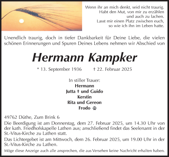 Traueranzeige von Hermann Kampker von Neue Osnabrücker Zeitung GmbH & Co. KG