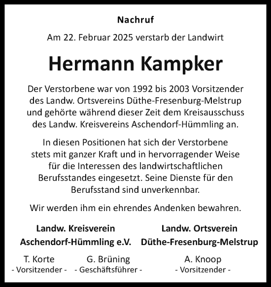 Traueranzeige von Hermann Kampker von Neue Osnabrücker Zeitung GmbH & Co. KG