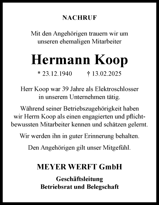Traueranzeige von Hermann Koop von Neue Osnabrücker Zeitung GmbH & Co. KG
