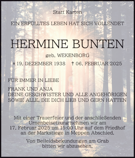 Traueranzeige von Hermine Bunten von Neue Osnabrücker Zeitung GmbH & Co. KG