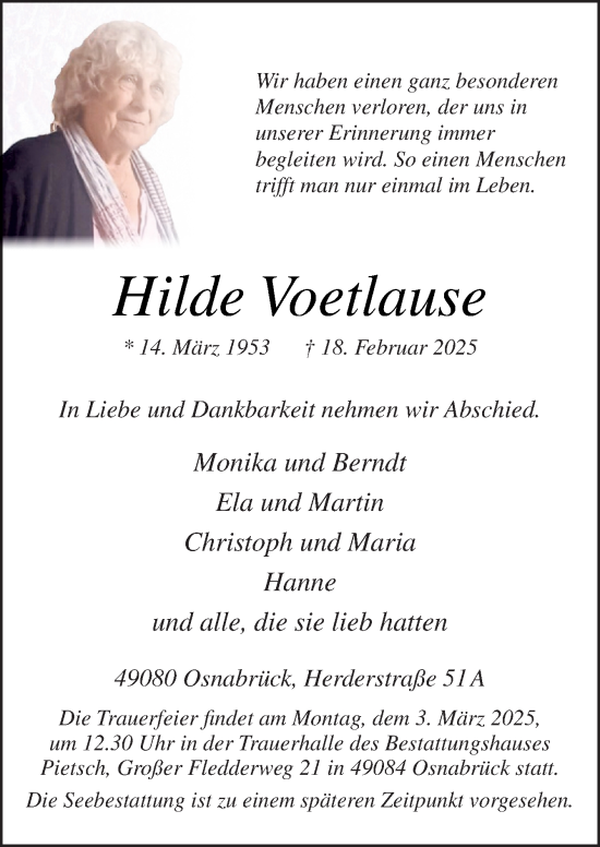 Traueranzeige von Hilde Voetlause von Neue Osnabrücker Zeitung GmbH & Co. KG