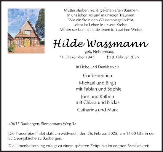 Traueranzeige von Hilde Wassmann von Neue Osnabrücker Zeitung GmbH & Co. KG