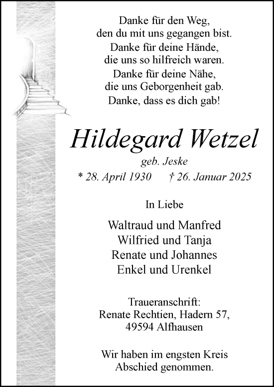 Traueranzeige von Hildegard Wetzel von Neue Osnabrücker Zeitung GmbH & Co. KG
