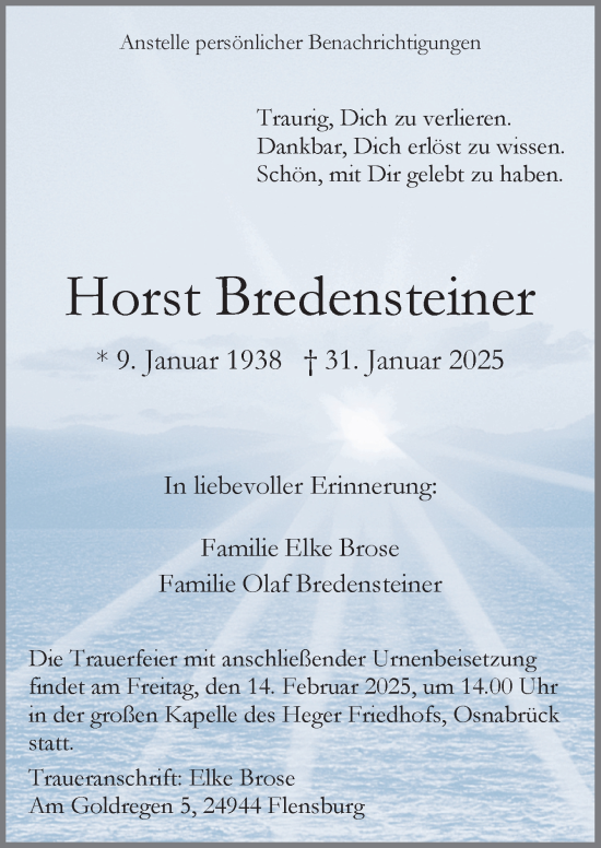 Traueranzeige von Horst Bredensteiner von Neue Osnabrücker Zeitung GmbH & Co. KG