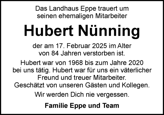 Traueranzeige von Hubert Nünning von Neue Osnabrücker Zeitung GmbH & Co. KG