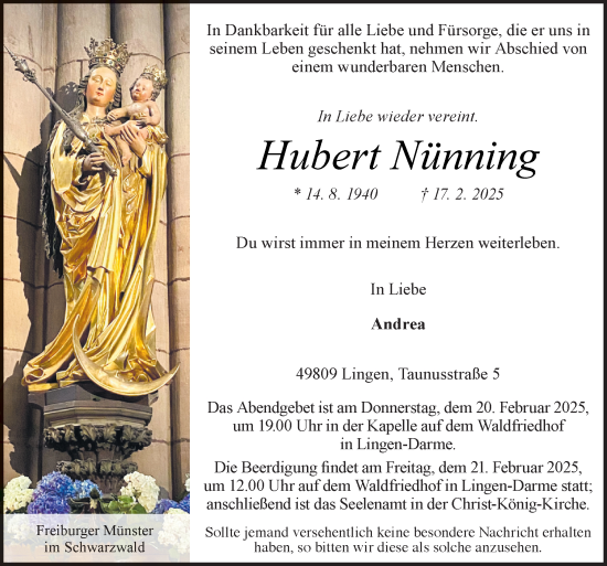 Traueranzeige von Hubert Nünning von Neue Osnabrücker Zeitung GmbH & Co. KG