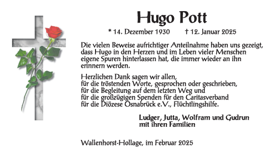 Traueranzeige von Hugo Pott von Neue Osnabrücker Zeitung GmbH & Co. KG