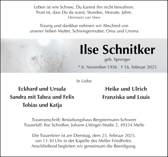 Traueranzeige von Ilse Schnitker von Neue Osnabrücker Zeitung GmbH & Co. KG