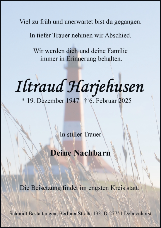 Traueranzeige von Iltraud Harjehusen von DK Medien GmbH & Co. KG