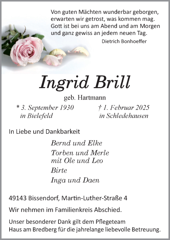 Traueranzeige von Ingrid Brill von Neue Osnabrücker Zeitung GmbH & Co. KG