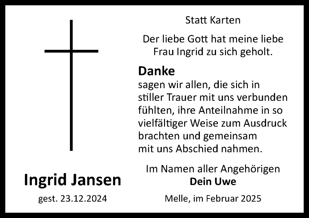  Traueranzeige für Ingrid Jansen vom 01.02.2025 aus Neue Osnabrücker Zeitung GmbH & Co. KG