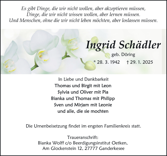 Traueranzeige von Ingrid Schädler von DK Medien GmbH & Co. KG