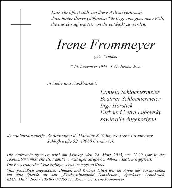 Traueranzeige von Irene Frommeyer von Neue Osnabrücker Zeitung GmbH & Co. KG