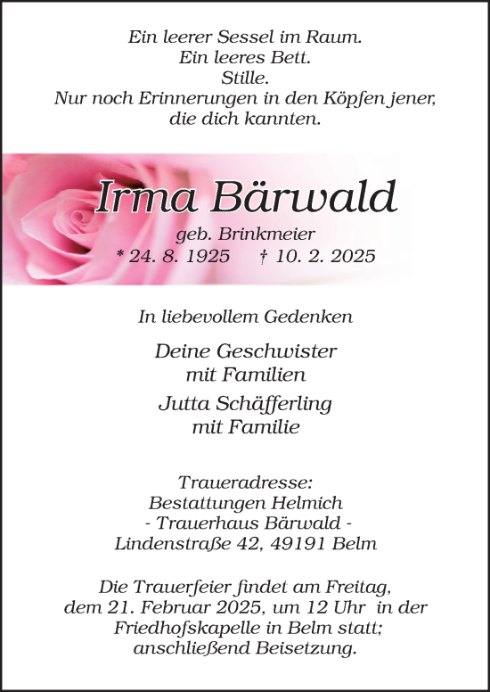 Traueranzeige von Irma Bärwald von Neue Osnabrücker Zeitung GmbH & Co. KG
