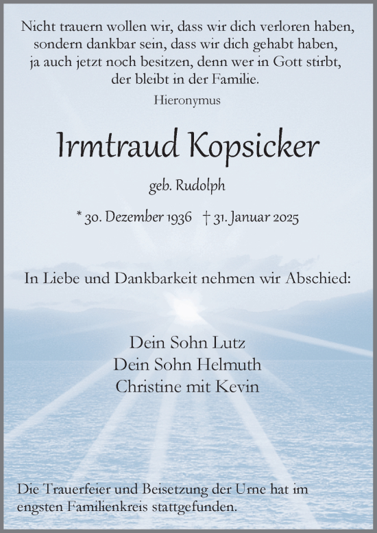 Traueranzeige von Irmgard Kopsicker von Neue Osnabrücker Zeitung GmbH & Co. KG