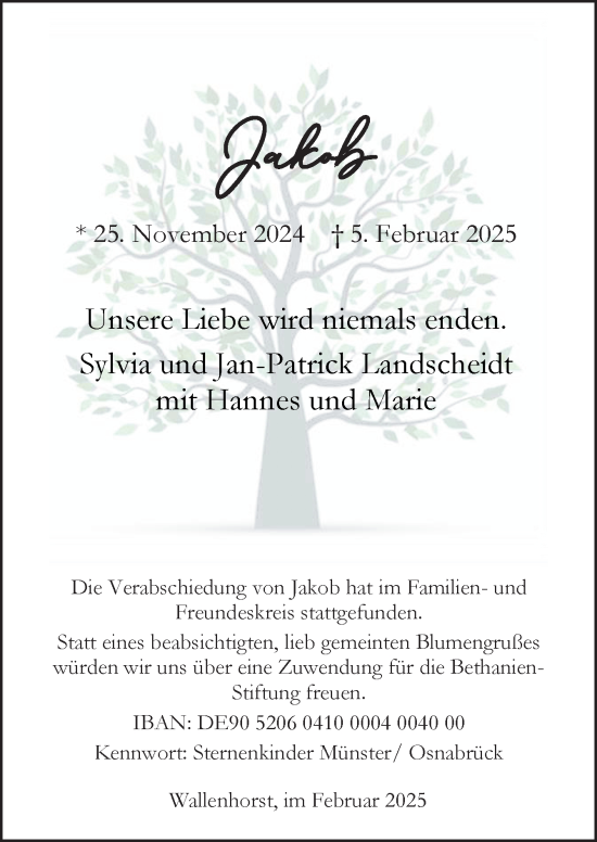 Traueranzeige von Jakob  von Neue Osnabrücker Zeitung GmbH & Co. KG