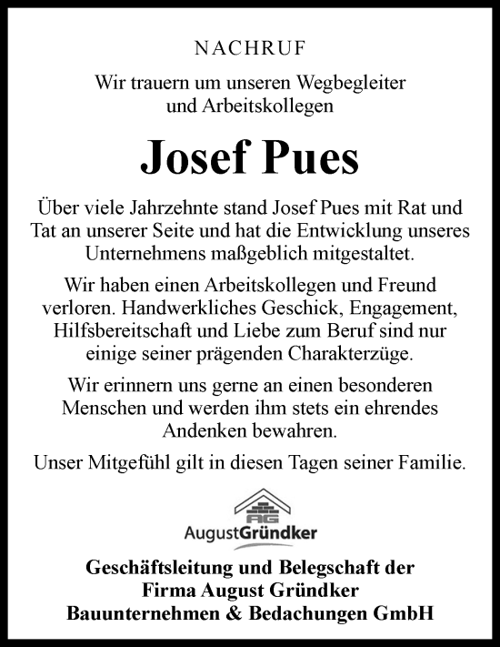 Traueranzeige von Josef Pues von Neue Osnabrücker Zeitung GmbH & Co. KG