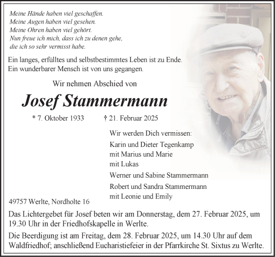 Traueranzeige von Josef Stammermann von Neue Osnabrücker Zeitung GmbH & Co. KG