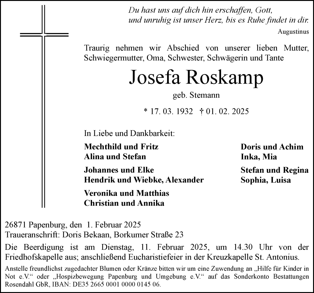  Traueranzeige für Josefa Roskamp vom 05.02.2025 aus Neue Osnabrücker Zeitung GmbH & Co. KG