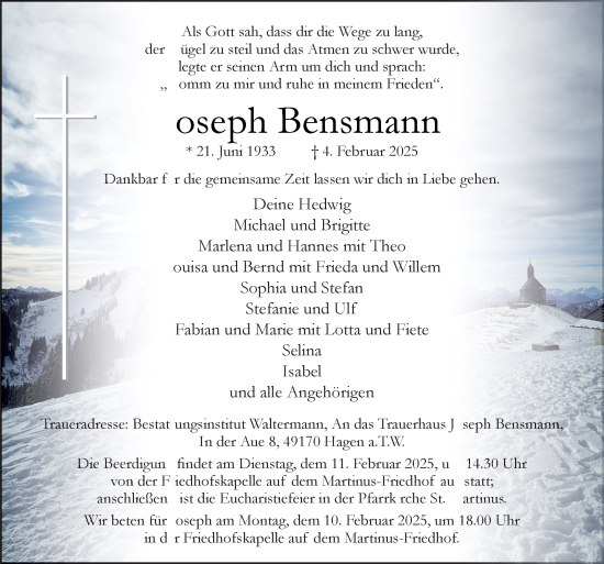 Traueranzeige von Joseph Bensmann von Neue Osnabrücker Zeitung GmbH & Co. KG