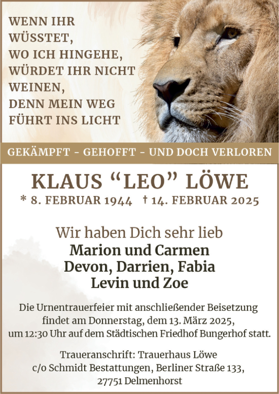 Traueranzeige von Klaus Löwe von DK Medien GmbH & Co. KG