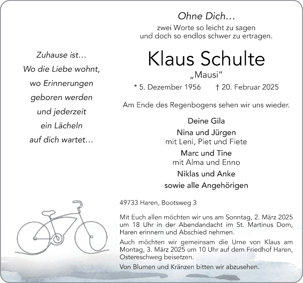  Traueranzeige für Klaus Schulte vom 26.02.2025 aus Neue Osnabrücker Zeitung GmbH & Co. KG