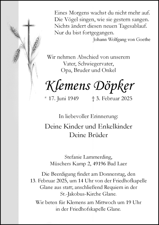 Traueranzeige von Klemens Döpker von Neue Osnabrücker Zeitung GmbH & Co. KG