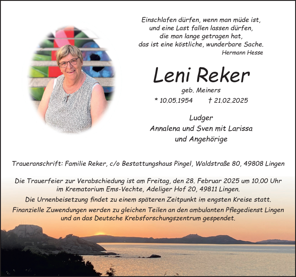  Traueranzeige für Leni Reker vom 26.02.2025 aus Neue Osnabrücker Zeitung GmbH & Co. KG