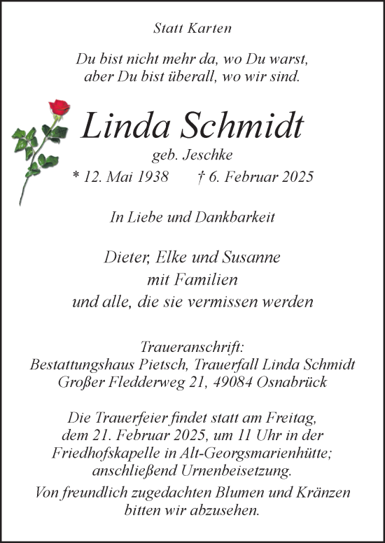 Traueranzeige von Linda Schmidt von Neue Osnabrücker Zeitung GmbH & Co. KG