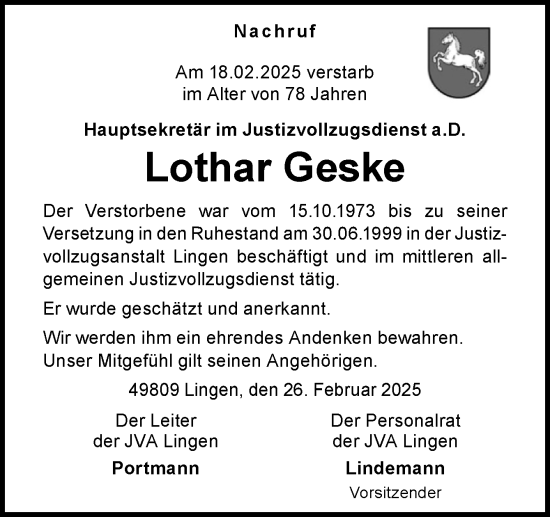 Traueranzeige von Lothar Geske von Neue Osnabrücker Zeitung GmbH & Co. KG