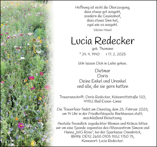 Traueranzeige von Lucia Redecker von Neue Osnabrücker Zeitung GmbH & Co. KG